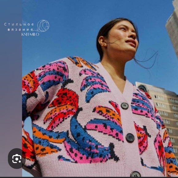 FARM Rio Sweaters - FARM Rio Pink Multicolor Banana Print Button-Up Cardigan